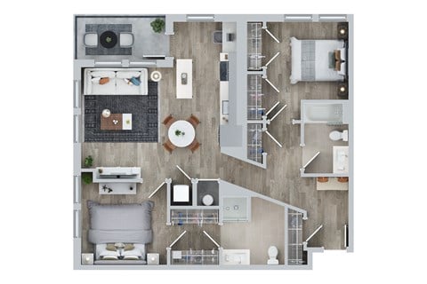 Floor plan for 2 beds, 2 baths, 1070 sqft